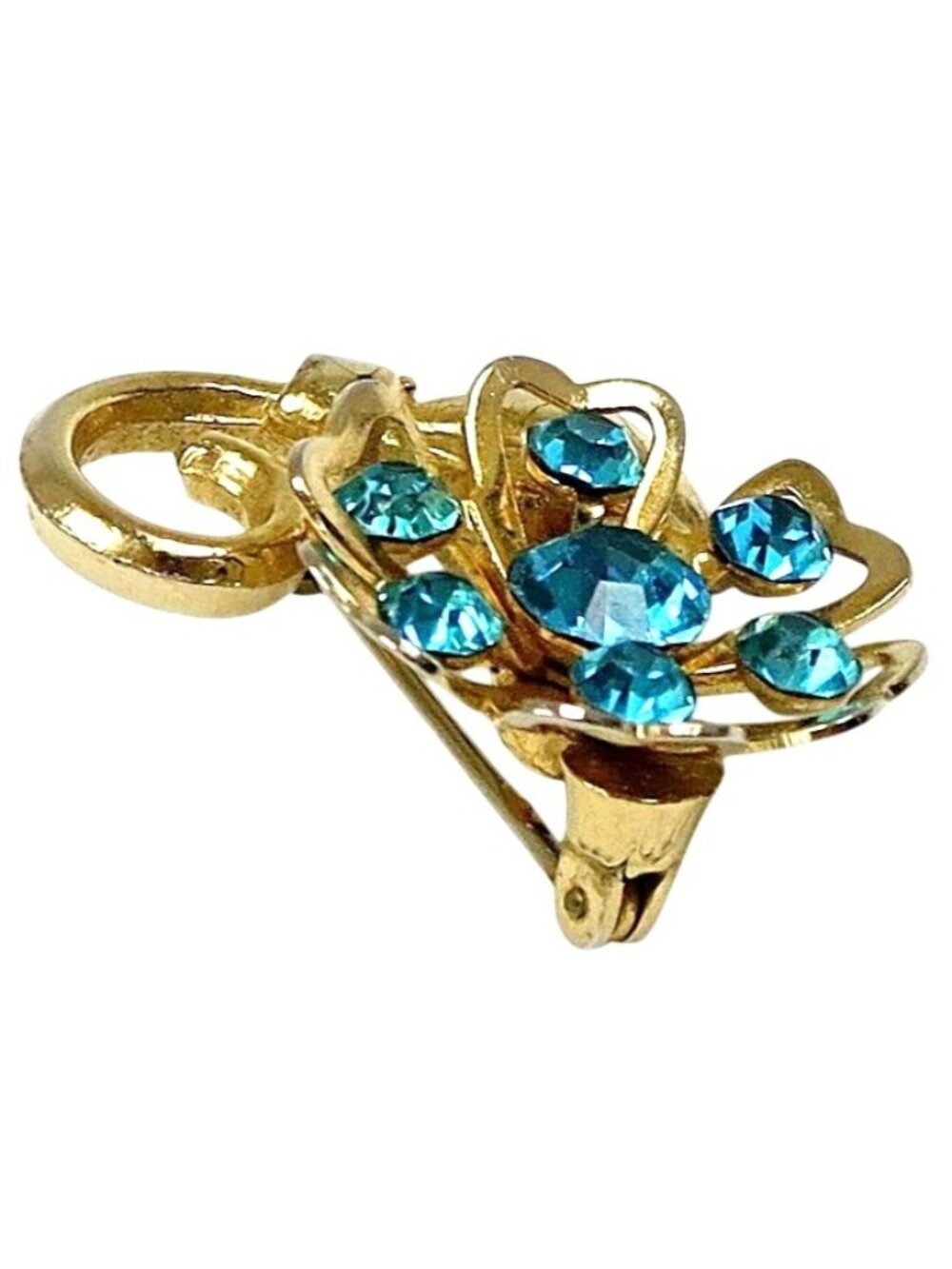 Coro Blue Rhinestone Flower Brooch Mid-Century Gold Tone Costume Jewelry - Picture 3 of 6